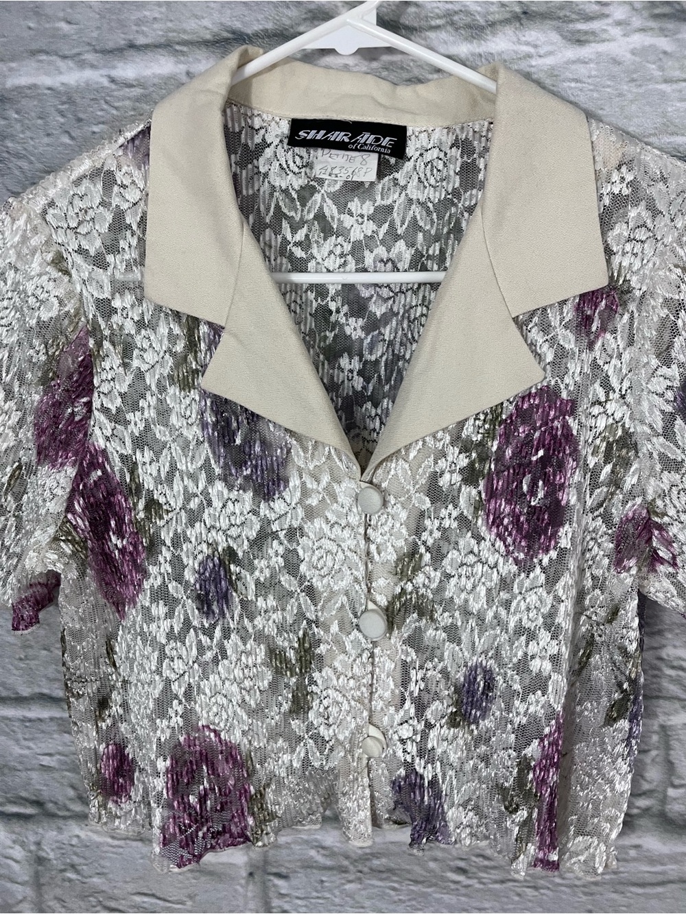 VTG 80’s 90’s Floral Sheer Lace Button Front Collared Lettuce Hem Crop Top - 8P - Picture 13 of 16